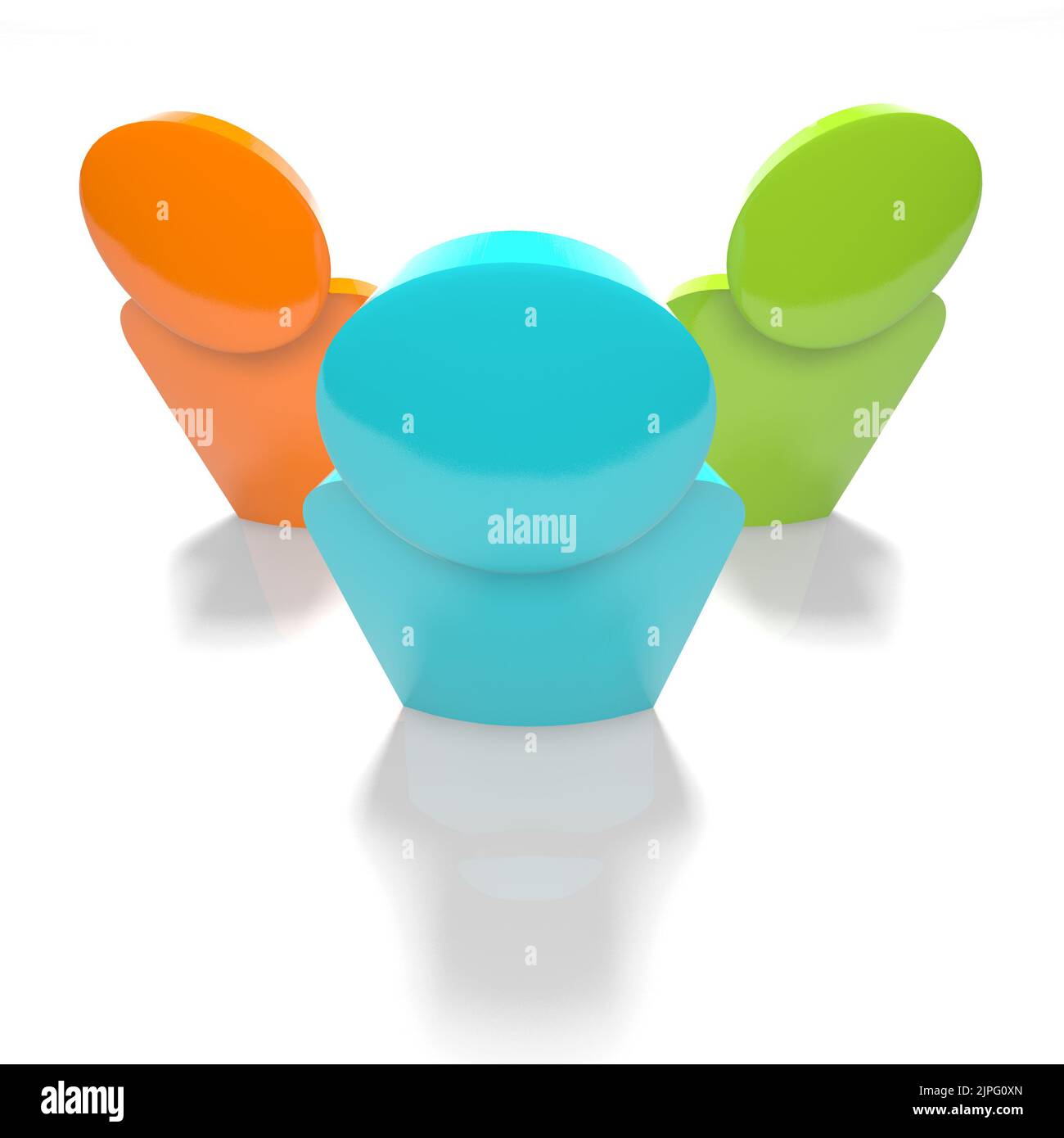 Ein Team von drei Personen in Dunkelblau, Vogelansicht - 3D gerendert Stockfoto