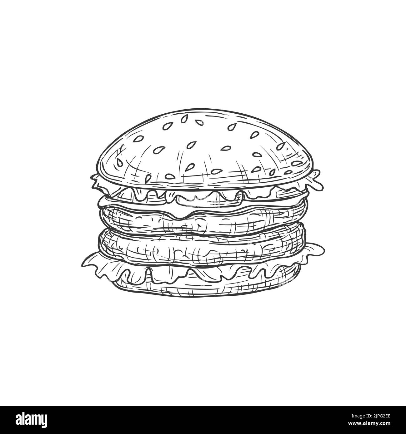 Cheeseburger Fastfood Snack isolierte Hamburger monochrome Skizze Symbol. Vector Street Food, Brötchen mit Käse, Rindfleisch und Gemüse, Salatblätter. Burger zum Mitnehmen, Cheeseburger in Schwarz und Weiß Stock Vektor