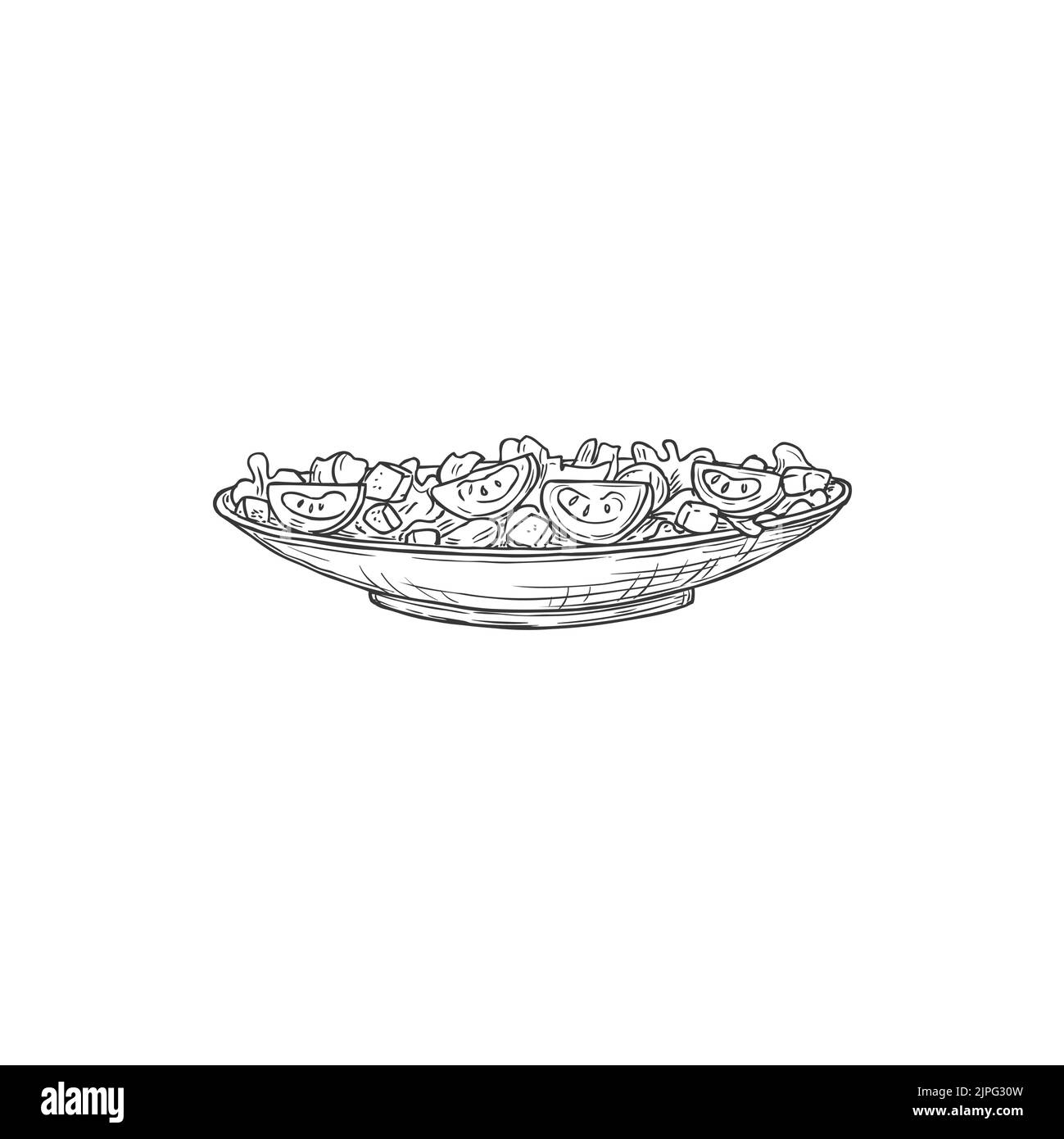 Teller mit Lebensmitteln, caesar Salat Snack isoliert monochromen Skizze Symbol. Vector Mischung aus Lebensmittelzutaten, europäische, asiatische, amerikanische Küche Gericht. Blätter und Mozzarella-Käse, vegetarisches Gericht, Essen in einer Schüssel Stock Vektor