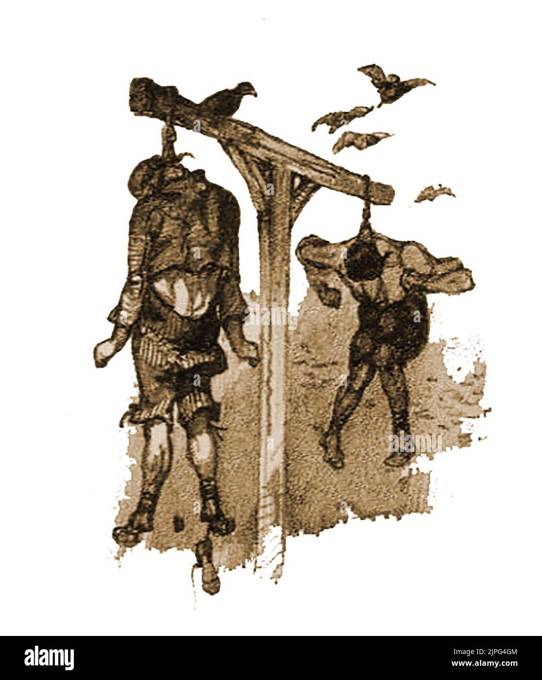 Hinrichtung - Eine sehr alte grafische Skizze britischer Gefangener in den Todesursachen zum Zeitpunkt ihrer Erhängung. Seltsamerweise scheint der Mann auf der Rückseite nur einen Schuh an zu haben und der Mann auf der Vorderseite ist ähnlich geumartert, aber mit seinem Ersatzschuh, der an einer Spitze seines anderen Fußes hängt. Stockfoto