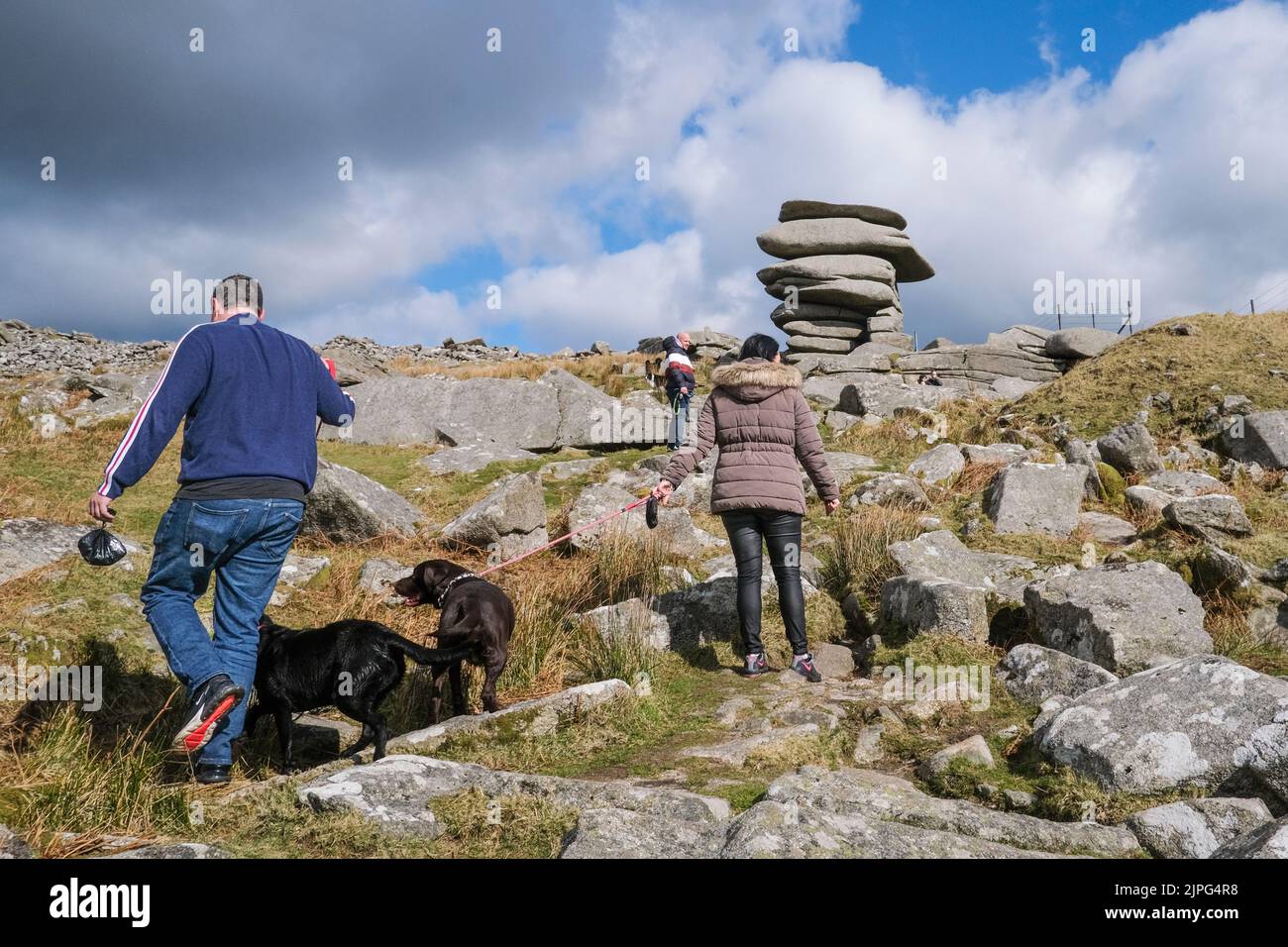 Hundewanderer, die auf den Stowes-Hügel in Richtung hochragender Granitfelsen klettern, stapeln den Cheesewring, der von Gletscheraktionen auf Bodmin Moor in Cornwall hinterlassen wurde. Stockfoto