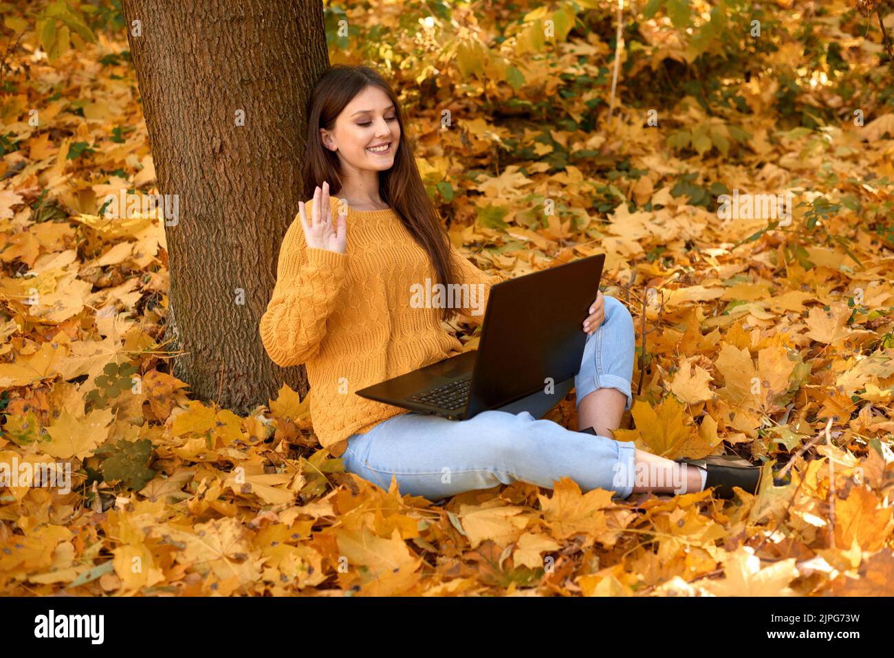 Glückliche Studentin, die online auf einem Laptop im Herbstpark lernt. Junge Frau winkt im Web-Chat Hand Stockfoto