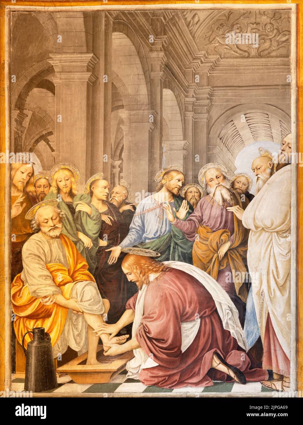 VARALLO, ITALIEN - 17. JULI 2022: Das Renaissance-Fresko Jesus wascht den Aposteln die Füße in der Kirche Chiesa Santa Maria delle Grazie Stockfoto