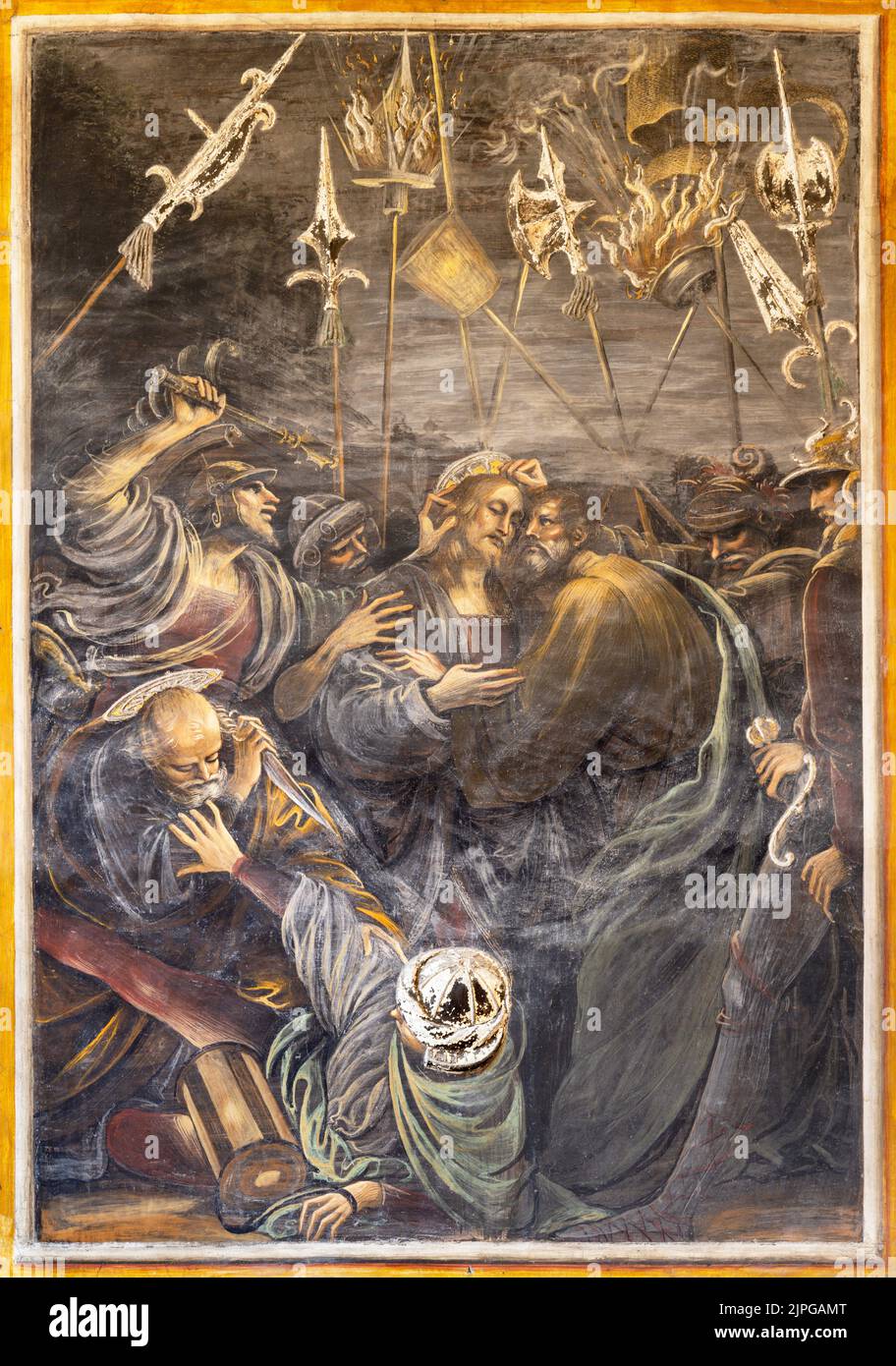 VARALLO, ITALIEN - 17. JULI 2022: Das Renaissance-Fresko des Verrats und der Verhaftung Jesu in der Kirche Chiesa Santa Maria delle Grazie Stockfoto