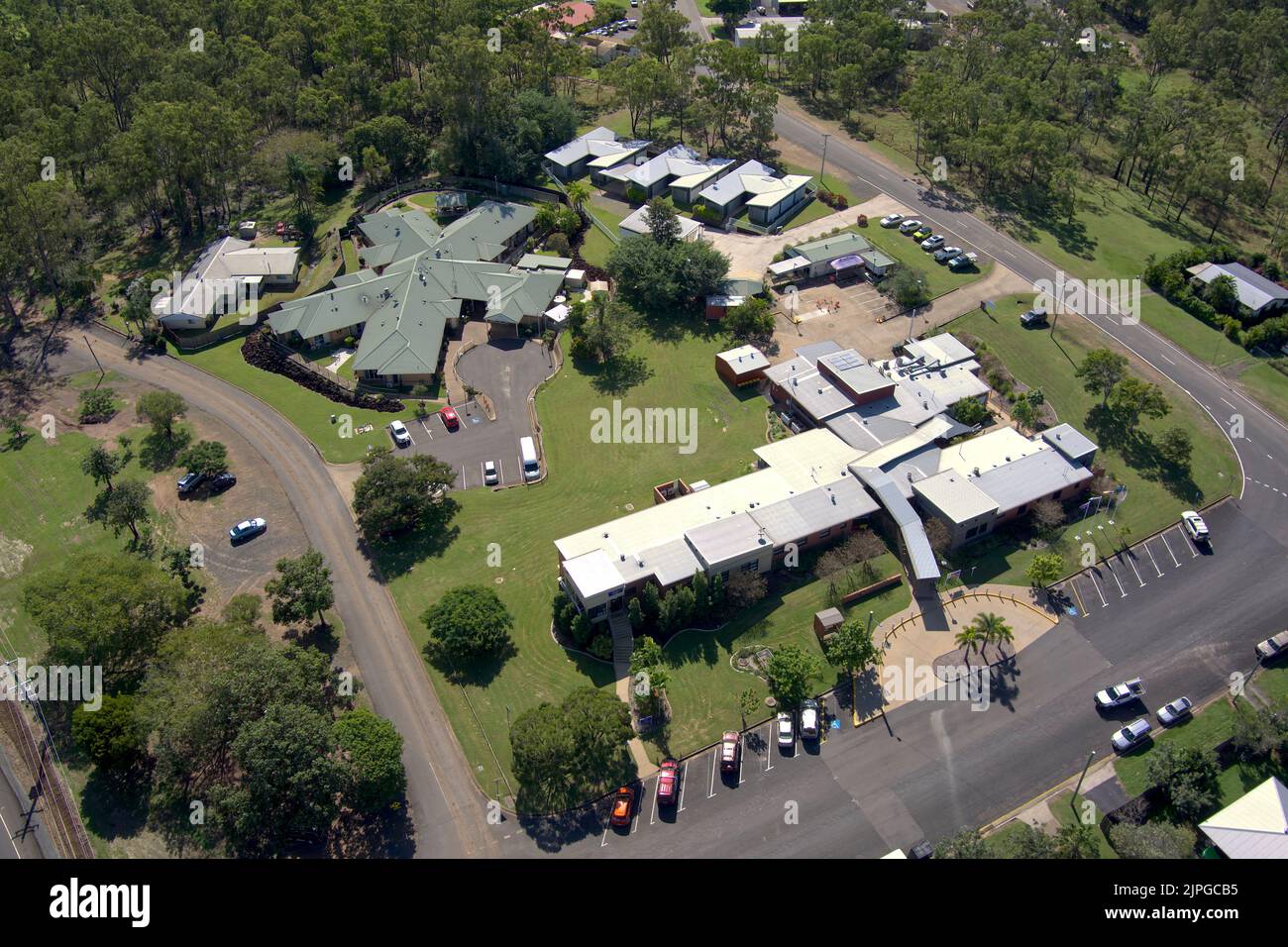 Luftaufnahme des Gin Gin Hospital in der King Street, Queensland, Australien Stockfoto