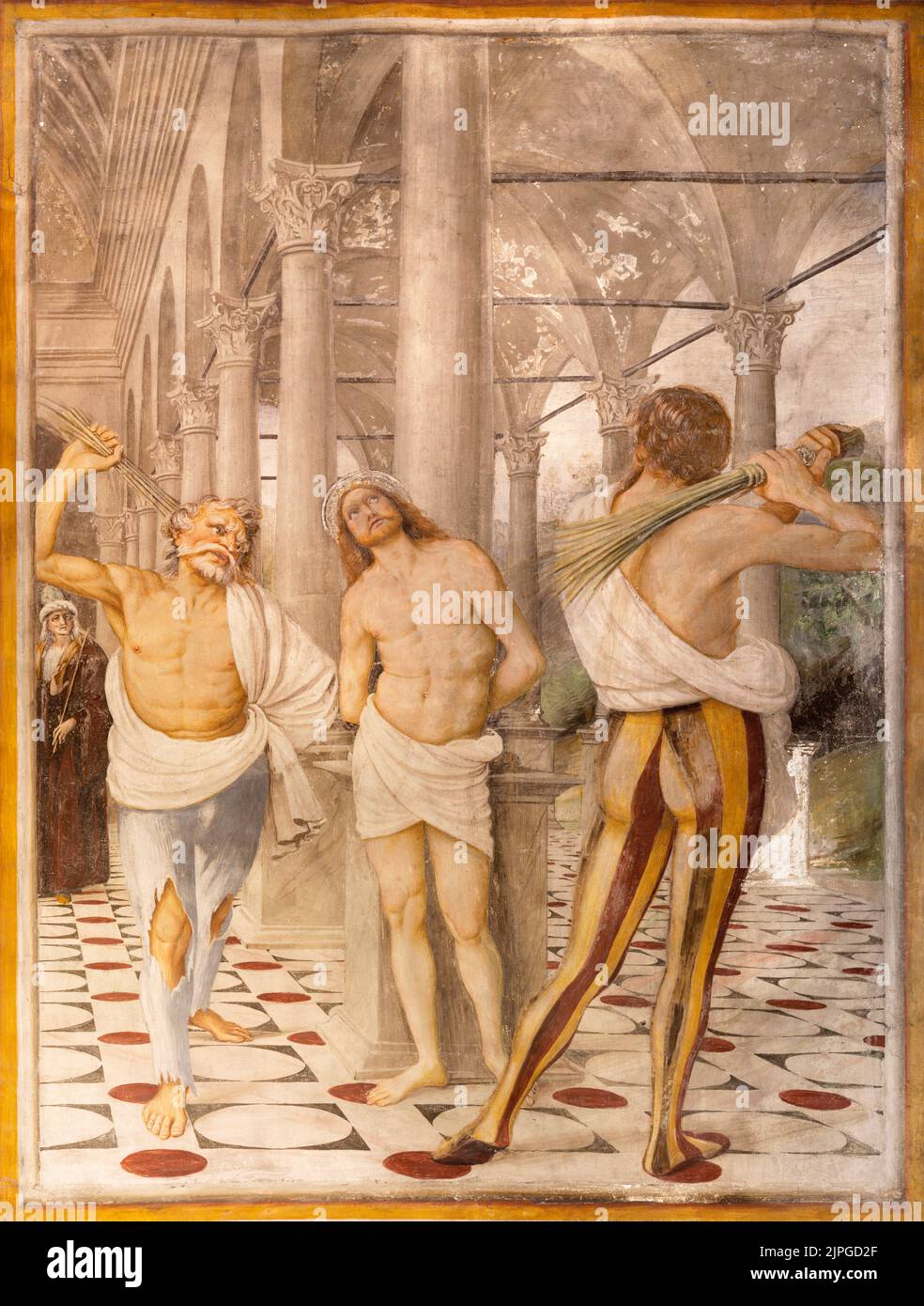 VARALLO, ITALIEN - 17. JULI 2022: Das Renaissance-Fresko der Flagellation in der Kirche Chiesa Santa Maria delle Grazie von Gaudenzio Ferrari (1513). Stockfoto