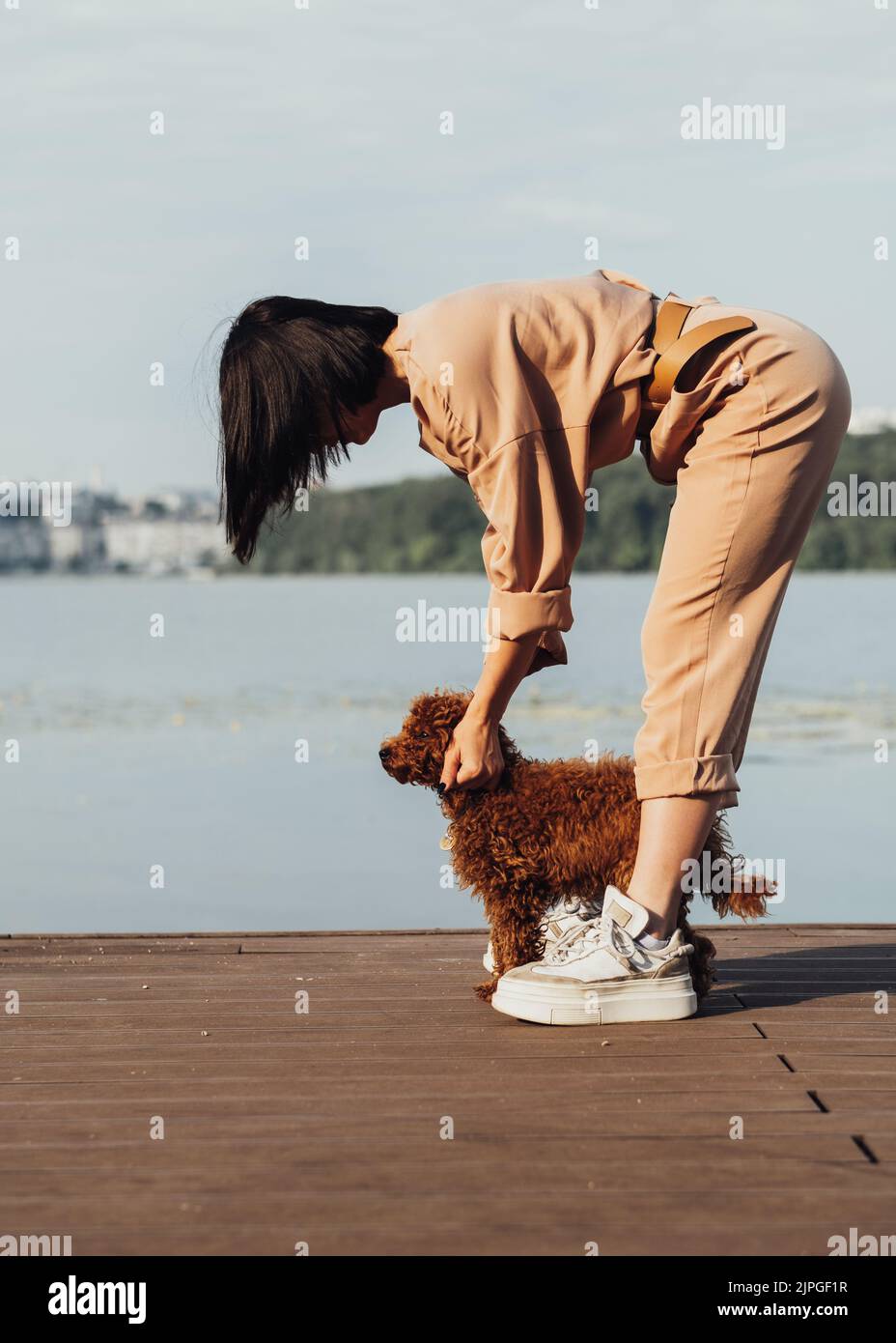 Rotschopf Hund Rasse Spielzeug Pudel Wandern mit Frau im Freien, weibliche Besitzerin von kleinen vier Pfoten Haustier Stockfoto
