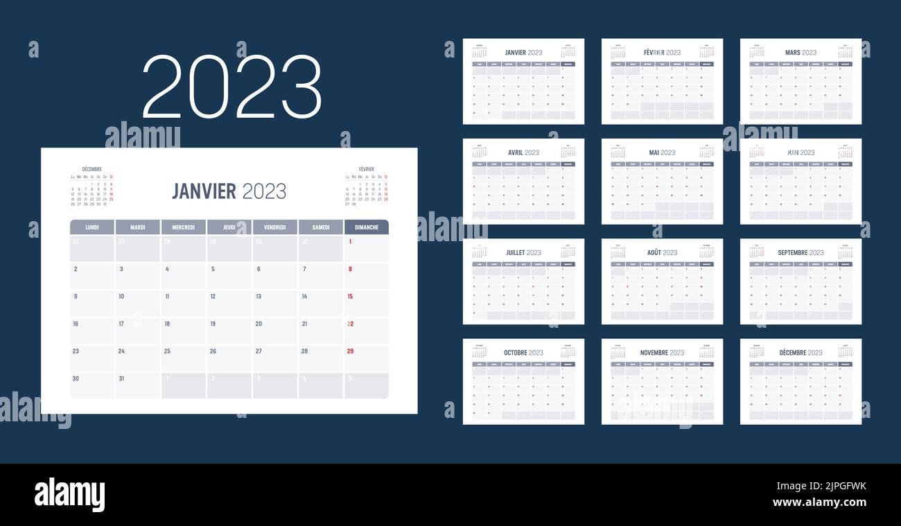 Jahr 2023 Monatskalender, in französischer Sprache. Vektorvorlage. Stock Vektor
