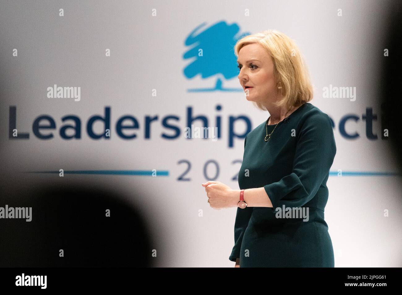 Liz Truss 2022 - Liz Truss bei den konservativen Führungswahlen in Perth, Schottland, Großbritannien - 16. August 2022 Stockfoto