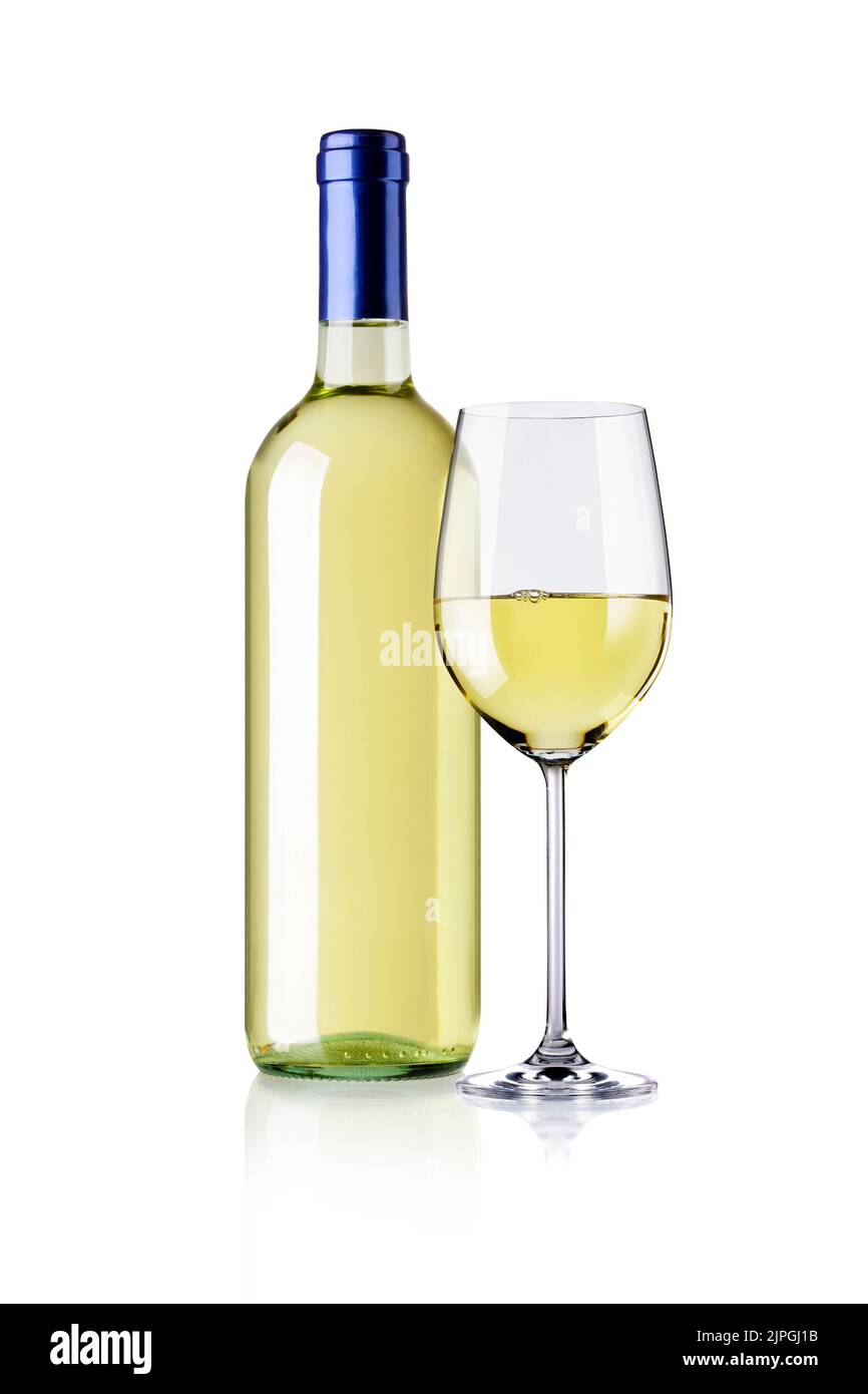 Weinglas, Weinflasche, Weißwein, Glasware, Weinflaschen, Weißweine Stockfoto