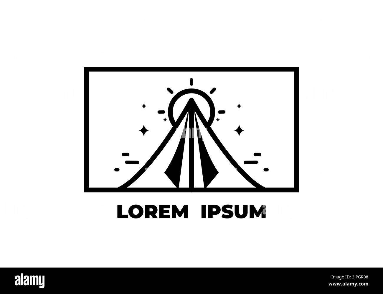 Schwarz-weiße Monoline aus Dreieckszelt und großem Sonnendesign Stock Vektor