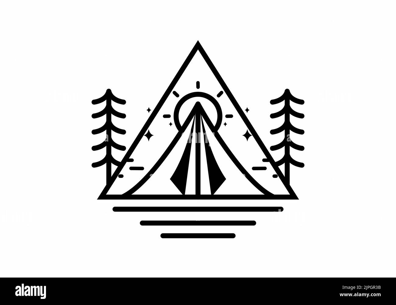 Schwarz-weiße Monoline aus Dreieckszelt und großem Sonnendesign Stock Vektor