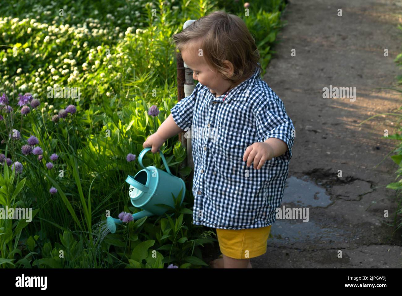 Ein kleiner Junge, der auf der Route im Garten des Hinterhofs steht, gießt Blumen aus einer Gießkannte. Das Konzept der Sommeraktivitäten im Garten, Sommersaison, Gartenarbeit, Pflanzen- und Blumenanbau. Stockfoto