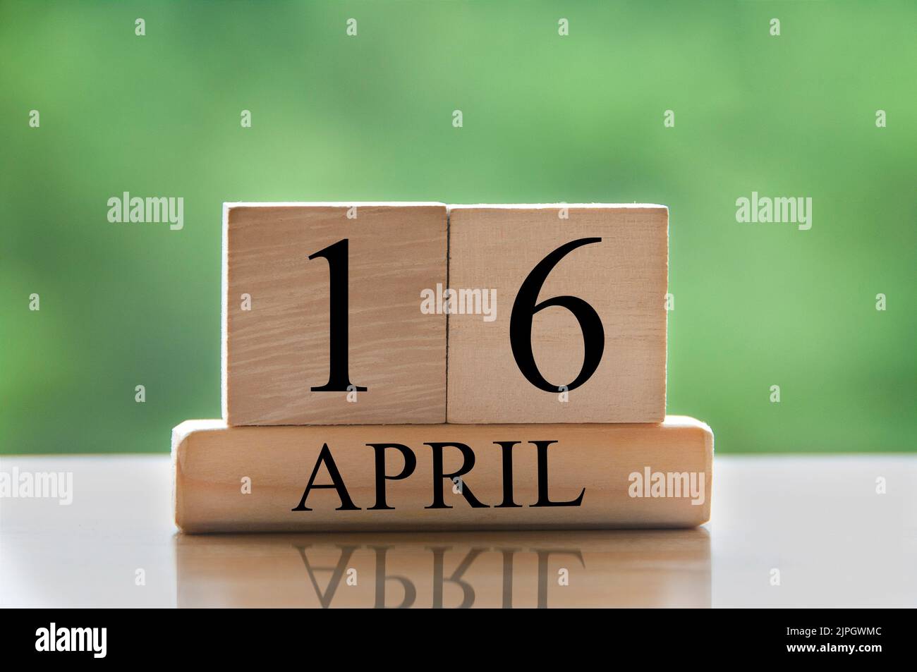 Kalenderdatentext April 16 auf Holzblöcken mit verschwommenem Parkhintergrund. Raum und Kalenderkonzept kopieren. Stockfoto