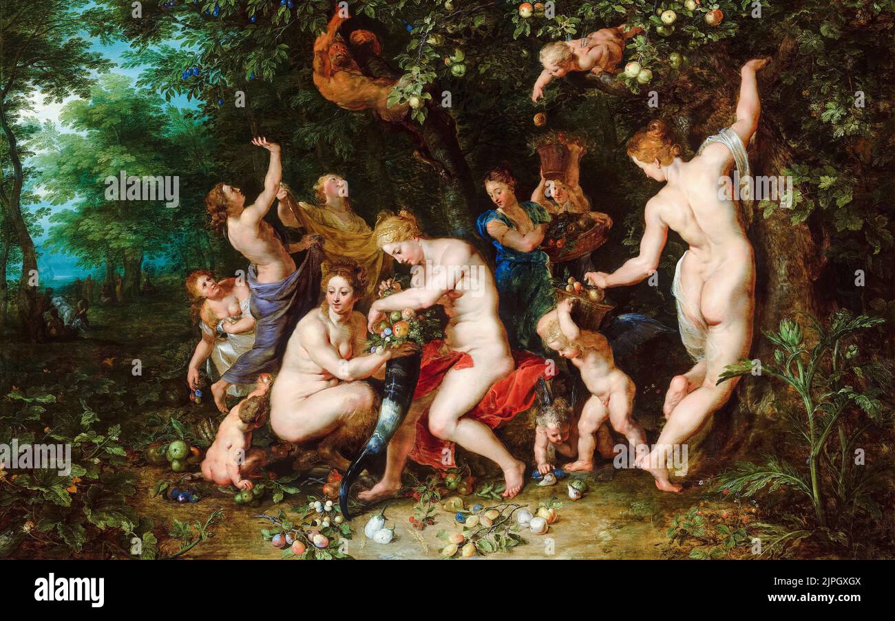 Nymphen, die die Cornucopia füllen, Ölgemälde auf Tafel von Jan Brueghel dem Älteren, Peter Paul Rubens & Hendrick van Balen dem Älteren, 1615 Stockfoto