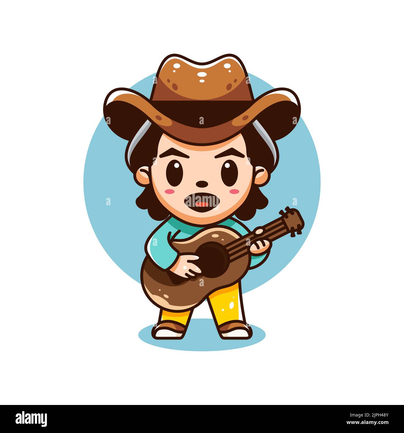 Niedliche Cowboy spielen Gitarre geeignet für Maskottchen Logo und Print-Design Stock Vektor