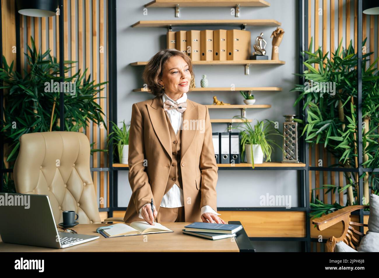 Selbstbewusste, stilvolle ältere Frau im mittleren Alter im Büro. Geschäftsführer, ceo. Alte Geschäftsfrau, 60s-jährige Dame im Anzug, Geschäftsführerin Stockfoto