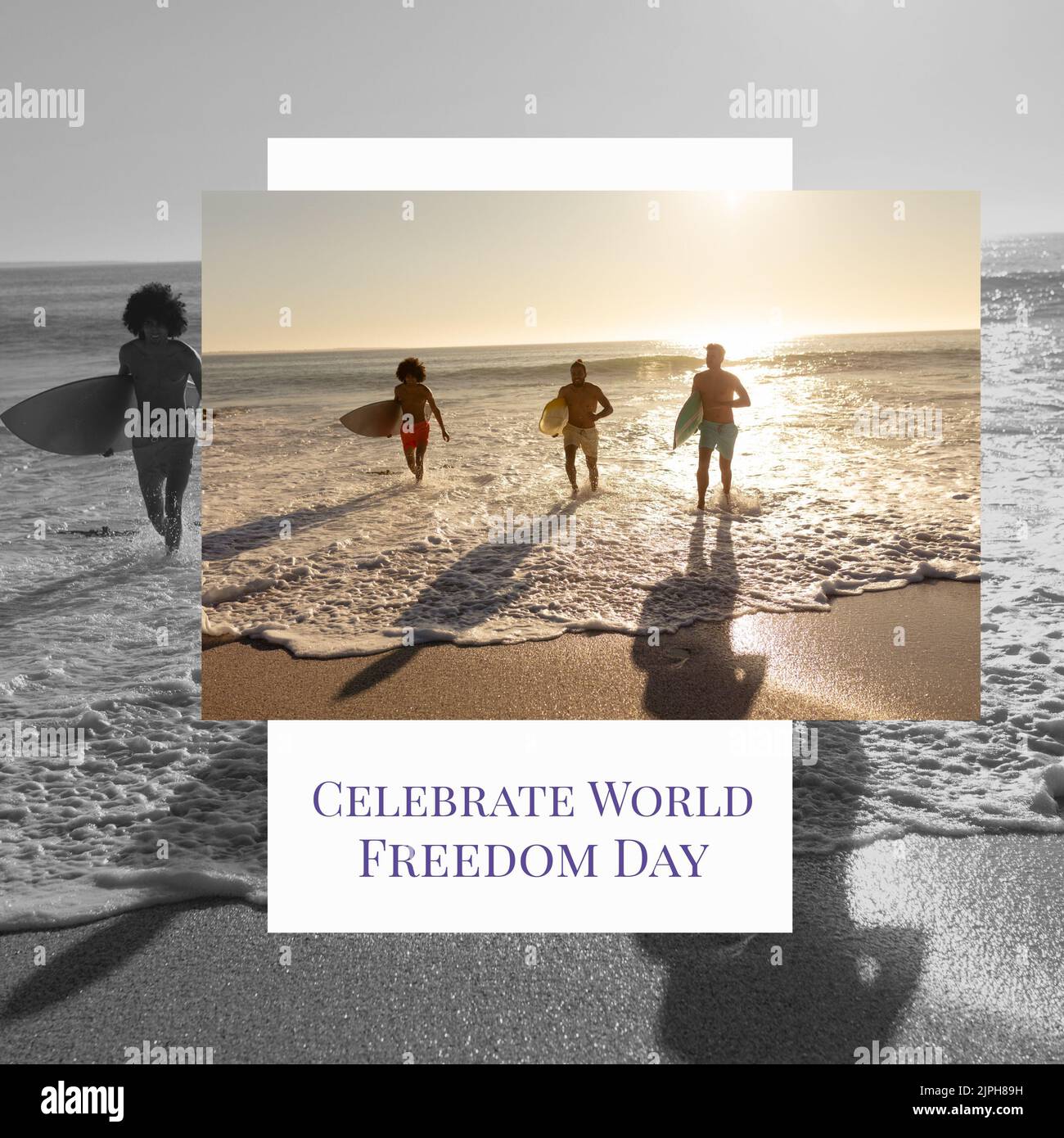 Digitales Bild von multirassischen Männern mit Surfbrettern, die zum Strand gehen, Weltfreiheitstag Text Stockfoto