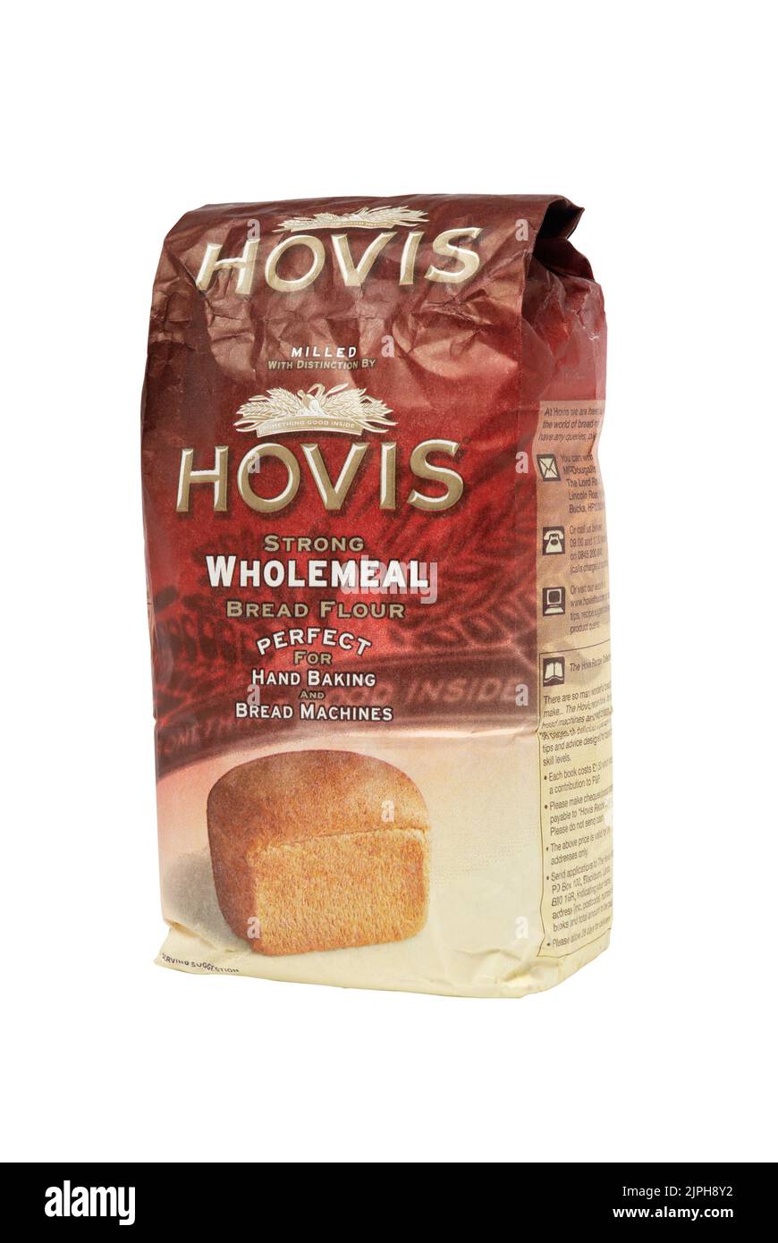 Beutel mit Hovis Vollkornbrotmehl. Studioaufnahme, isoliert auf Weiß. Hovis ist eine britische Marke, die aus dem Markt herausgeschnitten wurde Stockfoto