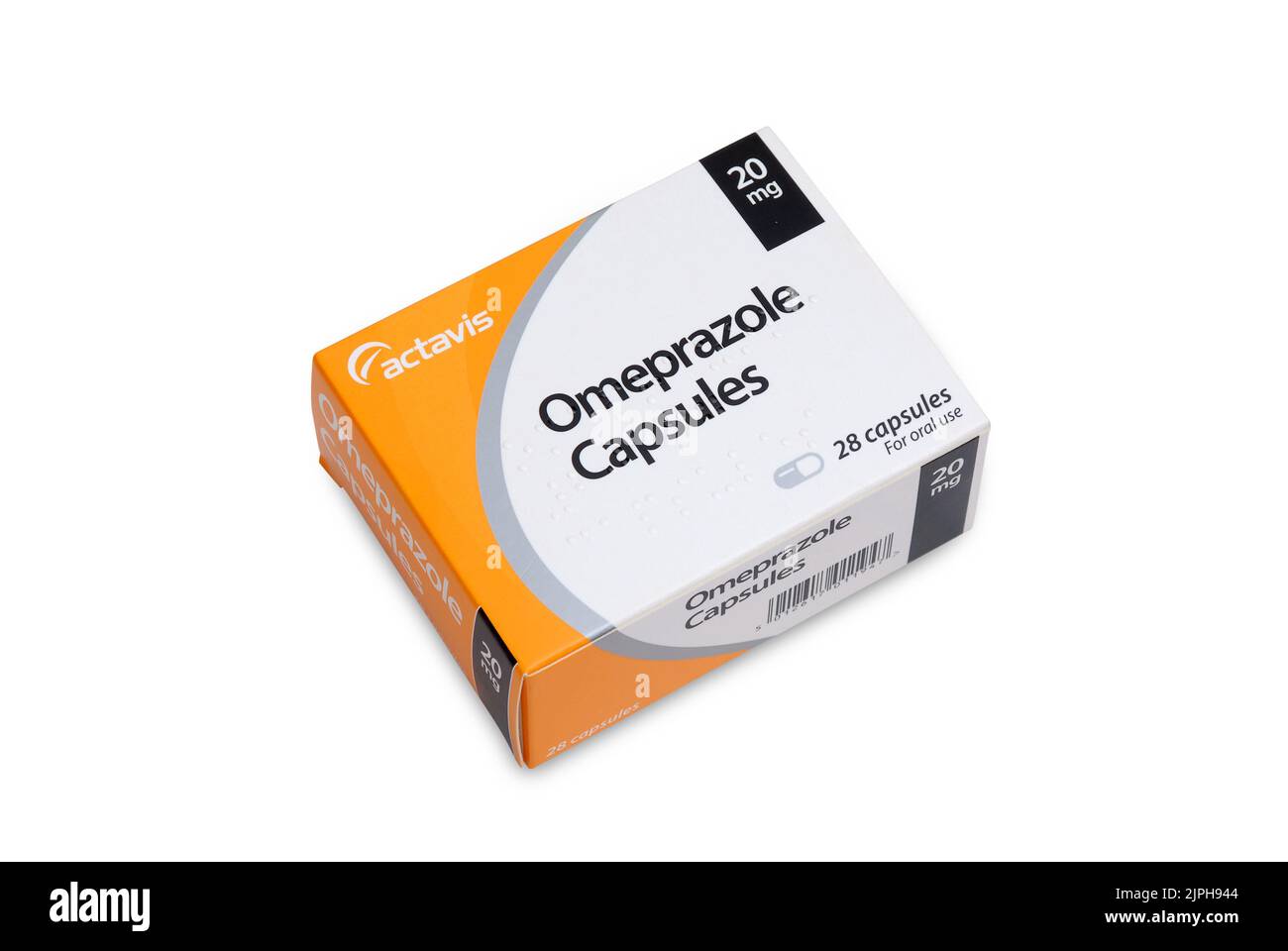 Foto von 20mg Omeprazol-Kapseln in der Verpackung. Omeprazol ist ein Proton-Pumpe-Hemmer Stockfoto