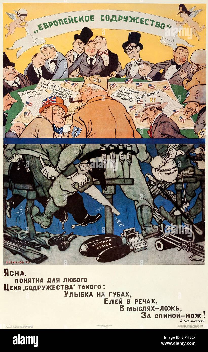 Sowjetische Propaganda (1952). Russisches Plakat - 'Europäischer Commonwealth', Ivan Semenov Artwork. Stockfoto