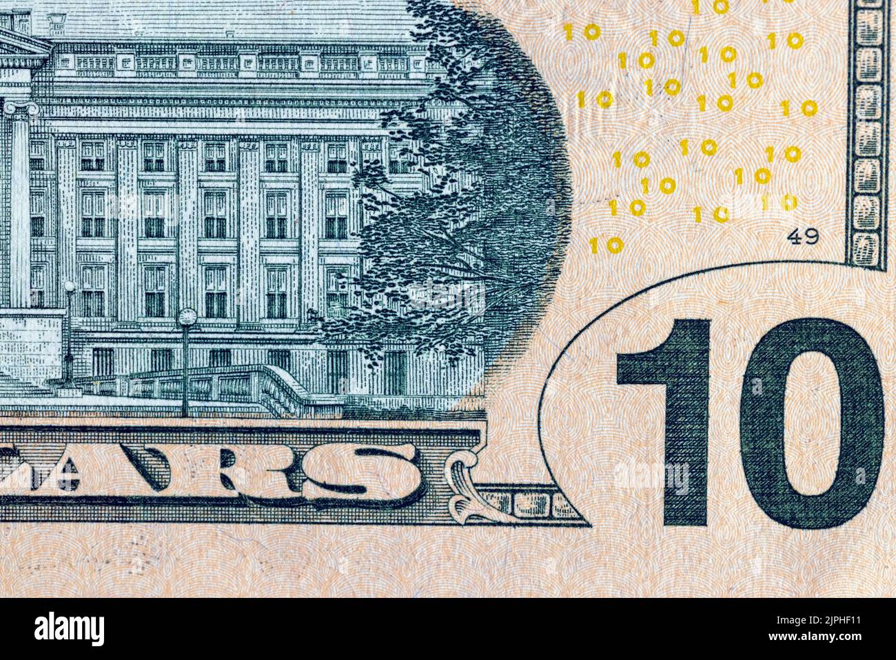 Details von Bargeld American zehn Dollar, Bargeld American Dollar mit einem Nennwert von 10 Nahaufnahme Stockfoto