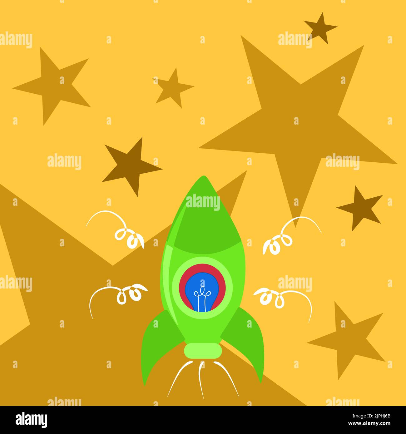 Raketenstart Feuer Zurücklassen Und Wichtige Botschaft Präsentieren. Raumschiff Fliegt Im Himmel Und Zeigt Krutiale Informationen. Neue Ideen Vorgestellt Stock Vektor