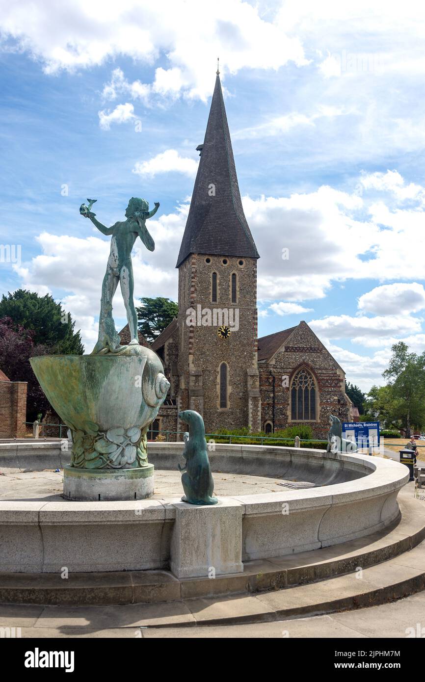 St Michael's Church und Braintree Fountain, St Michael's Road, Braintree, Essex, England, Vereinigtes Königreich Stockfoto