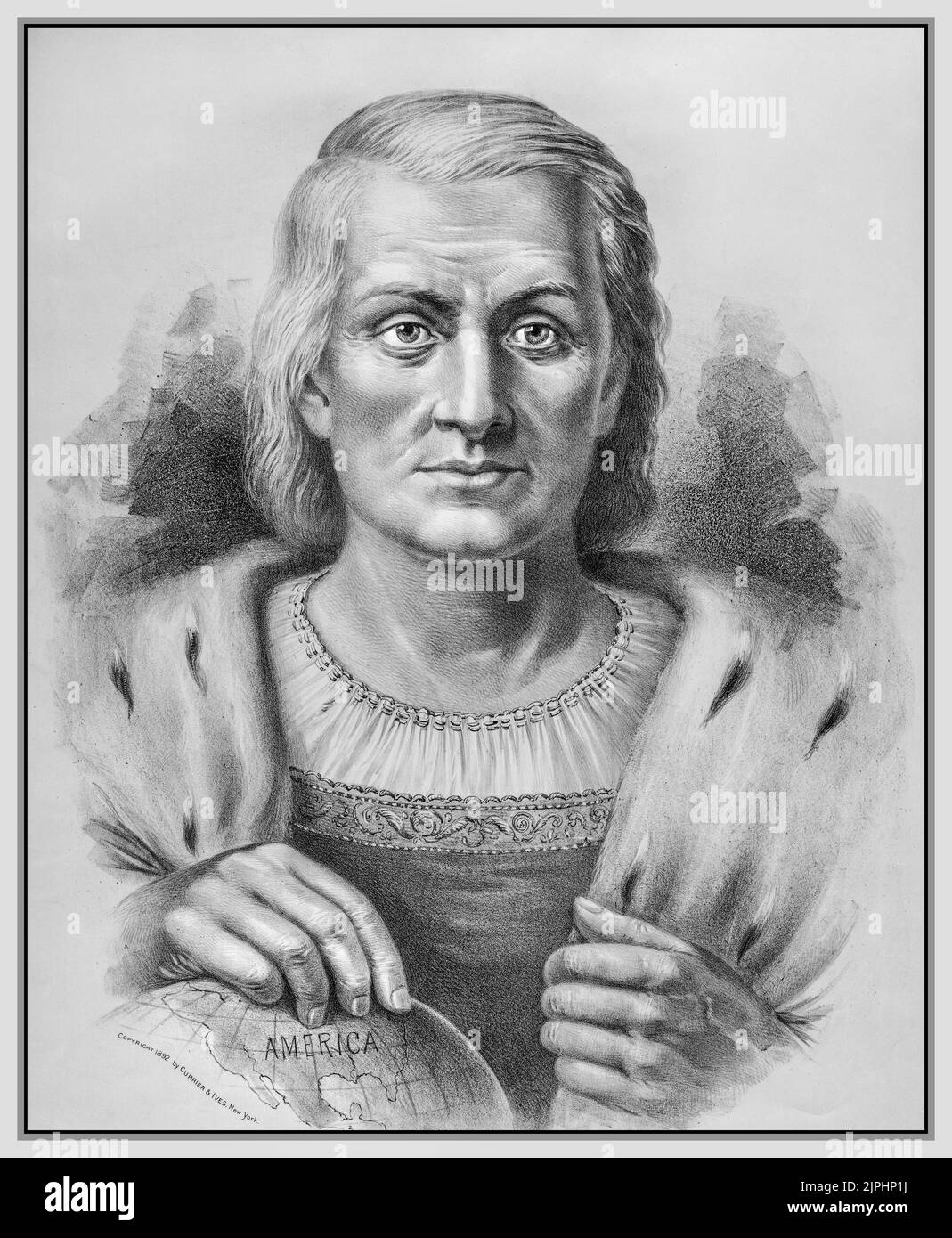 Christopher Columbus Vintage Portrait Discoverer of America 1492. 1890s Lithographie von Currier & Ives, nach einem Gemälde von Emilie Chaese. Stockfoto