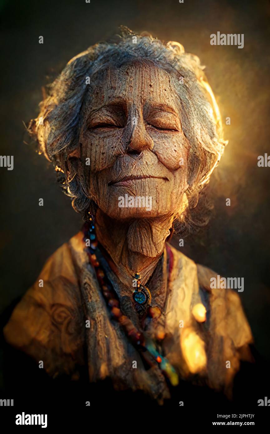 Eine alte Frau mit einer Holzmaserung auf ihrem Gesicht und einem weisen Ausdruck Stockfoto