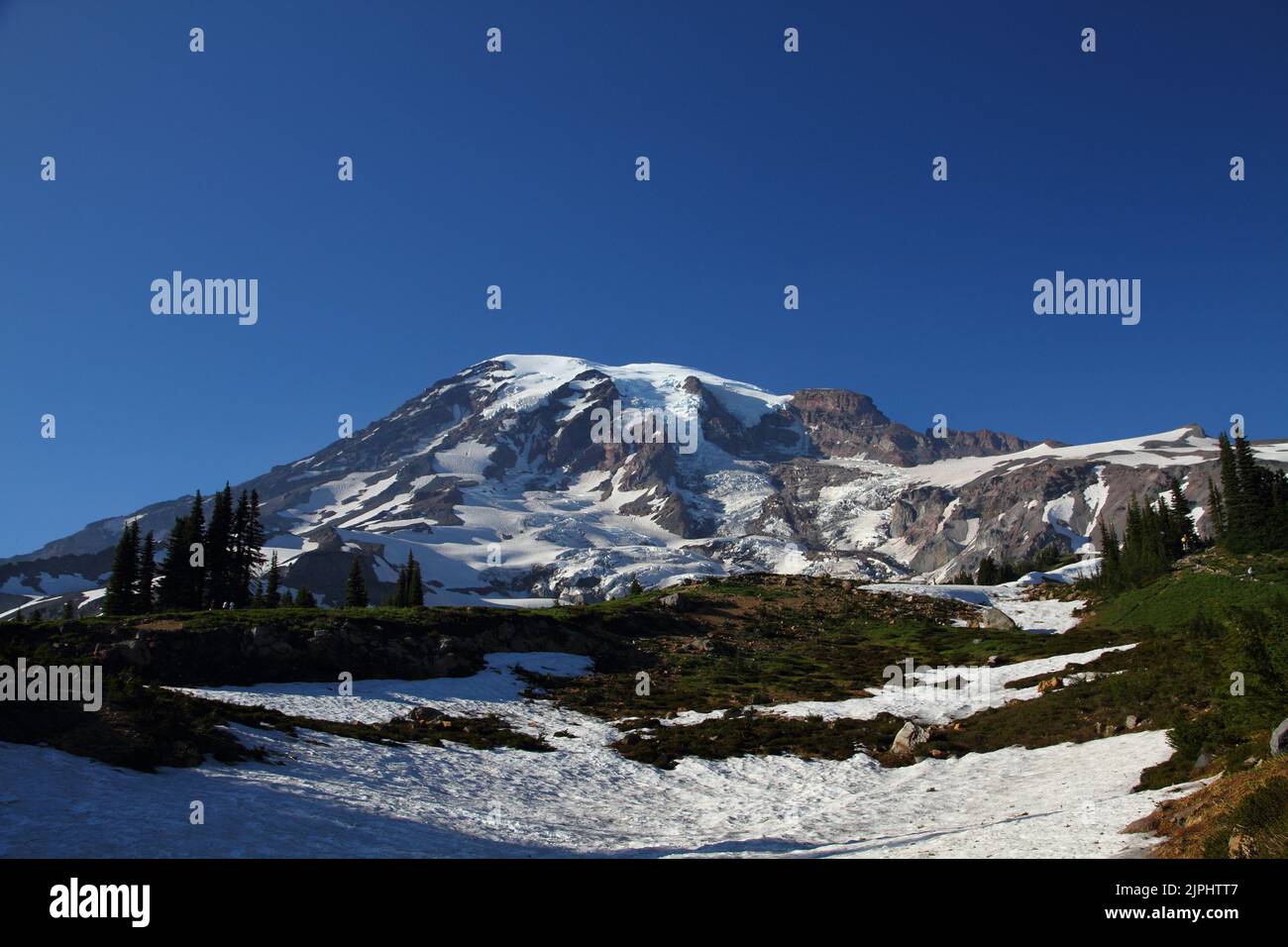 Die Nahaufnahme des Berges Rainier an einem klaren Tag Stockfoto