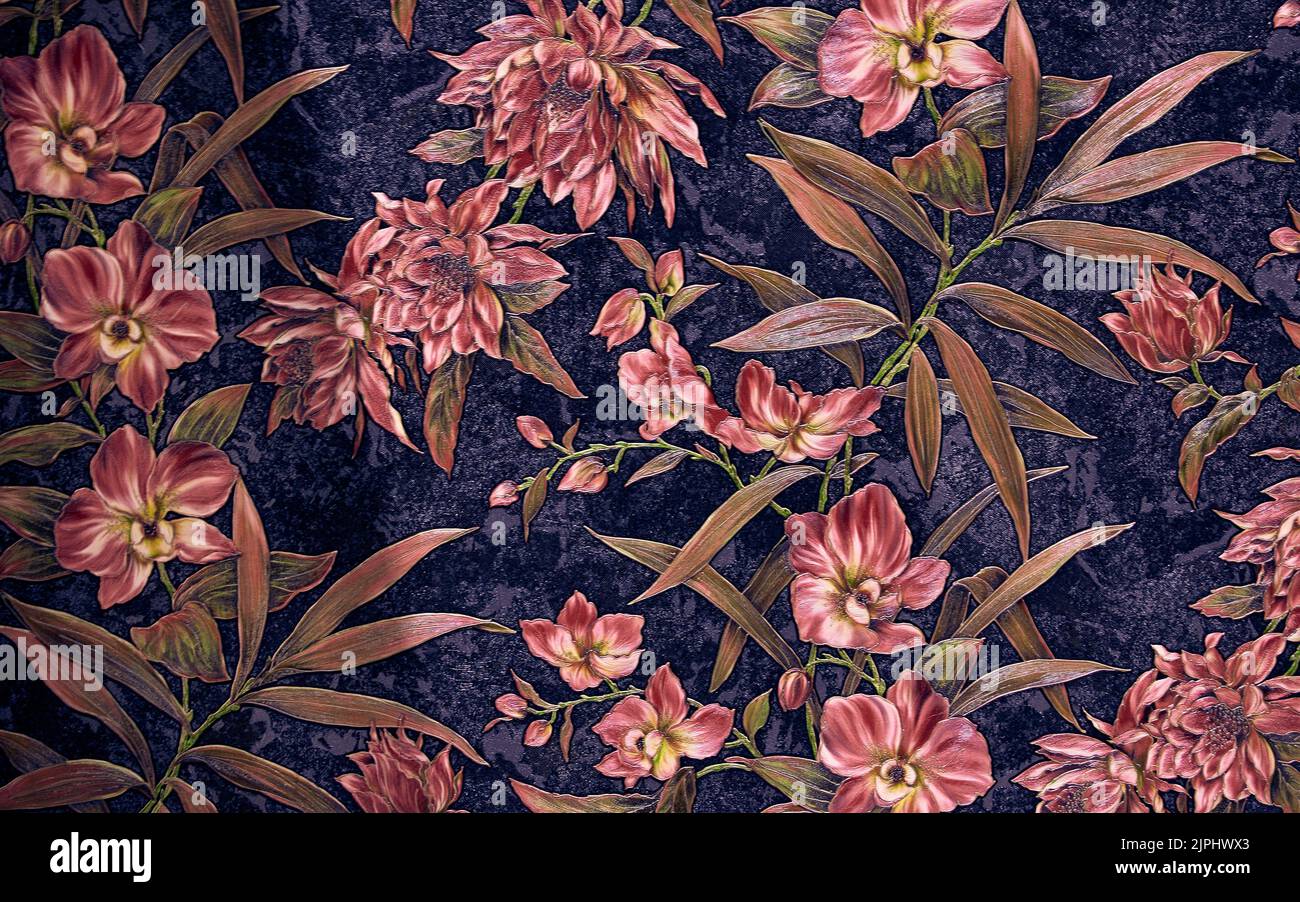 Hintergrund der Textur-Tapete mit tropischen Pflanzen, roten Blumen und Blättern auf einem darc-Hintergrund. Stockfoto