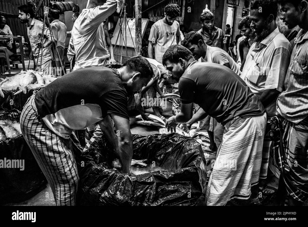 Verkäufer, die Hilsa Fisch auf dem Chandpur Großhandel Fischmarkt am 4. August 2022, Dhaka, Bangladesch, Südasien verkaufen. Stockfoto