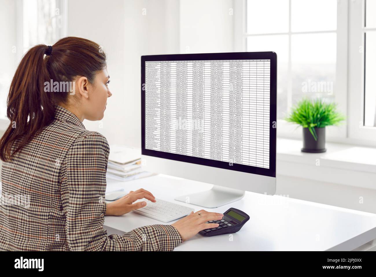 Buchhalterin berechnet die Finanzkonten des Unternehmens mithilfe eines Rechners und eines Computerprogramms. Stockfoto