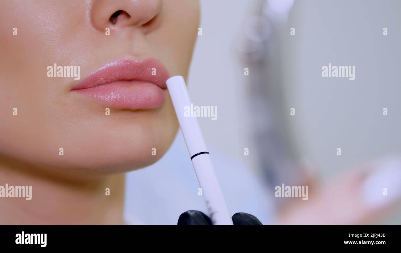 Klinik, ein Schönheitssalon, ein großer Plan der Lippen, der Arzt zeigt dem Patienten eine Lippenzone für die Injektion von Hyaluronsäure, diskutieren das Verfahren der Lippenvergrößerung. Hochwertige Fotos Stockfoto