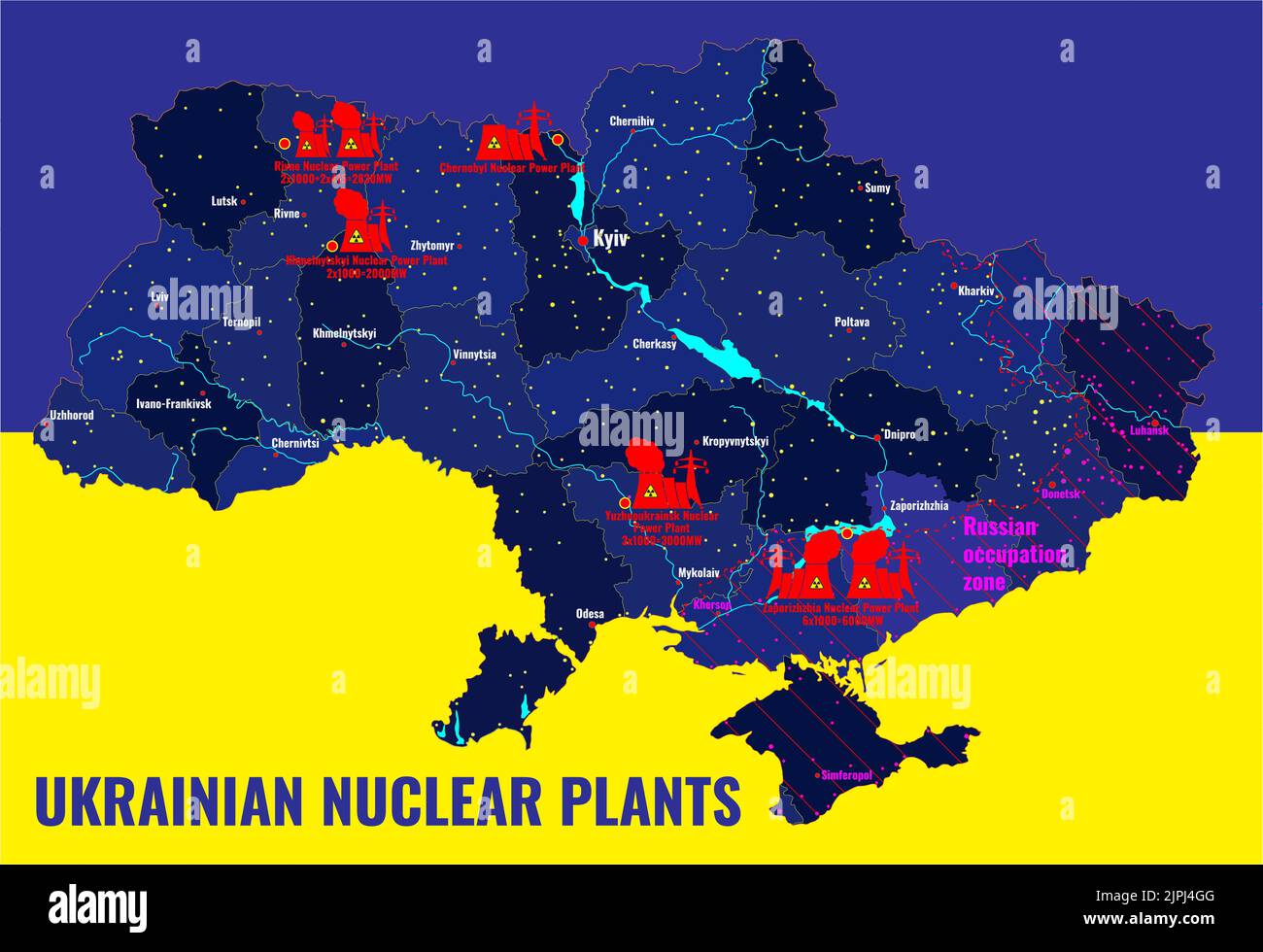 Karte des KKW der Ukraine. Das Kernkraftwerk Zaporizhzhya, das größte in Europa, stellt unter den Bedingungen von ein Risiko der radioaktiven Kontamination dar Stockfoto