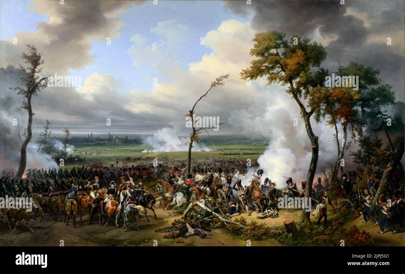 Die Schlacht von Hanau von Horace Vernet. Schlacht von Hanau (30-31. Oktober 1813), die zwischen österreichisch-bayerischen und französischen Truppen stattfand. Diese Szene zeigt den Angriff der österreichisch-bayerischen Kavallerie, die die französische Grand Battery auflädt. Die französische Grand Battery wird von General Antoine Drouot befehlshabend, der auf der rechten Seite des Gemäldes abgebildet ist Stockfoto