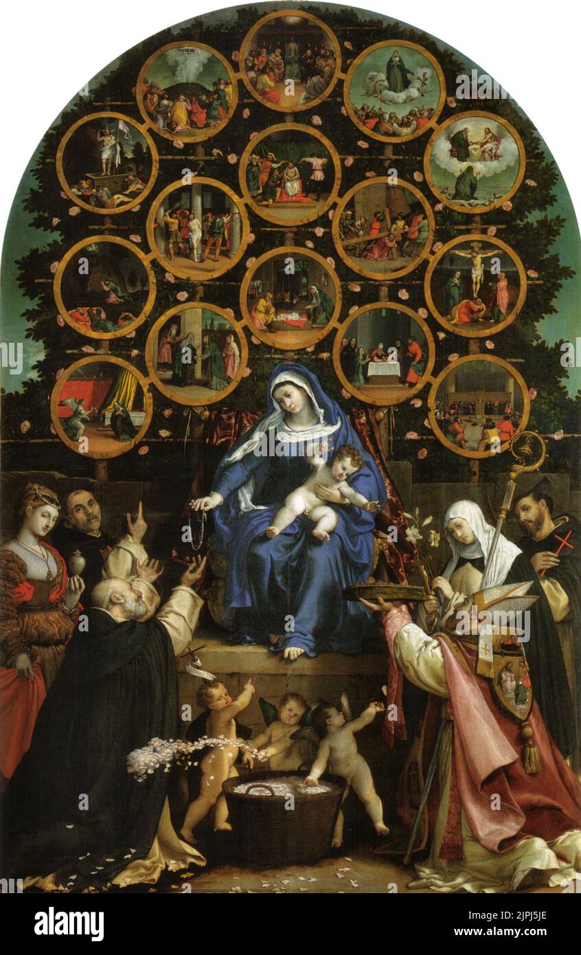 Madonna des Rosenkranzes (1539), Gemälde von Lorenzo Lotto Stockfoto