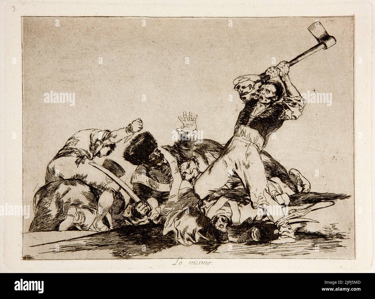Lo mismo (gleich). Ein Mann, der einem Soldaten mit einer Axt den Kopf abschneiden wird. Von Francisco de Goya Stockfoto