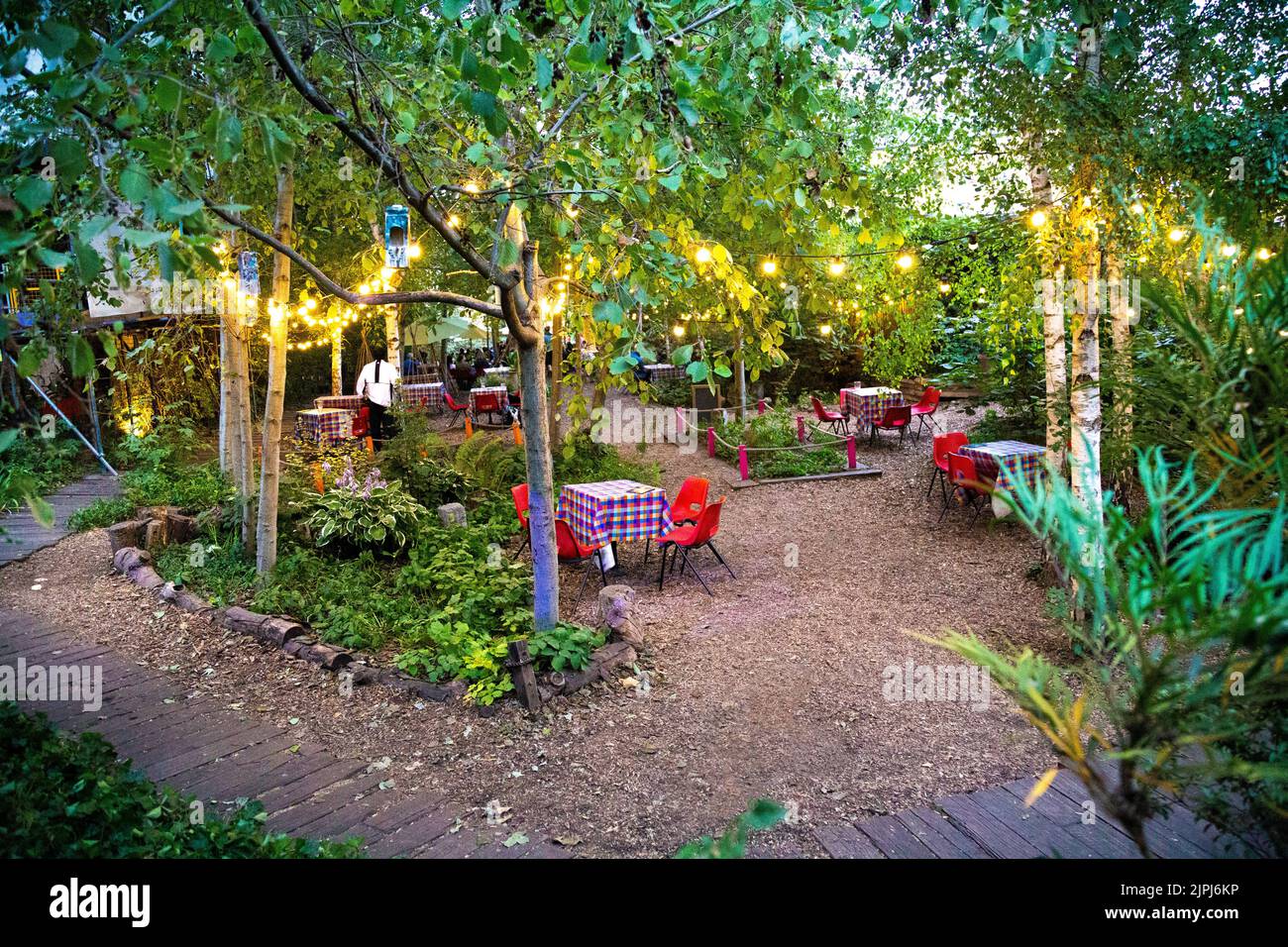 Tische im wilden Garten im Dalston Curve Garden Café und Musiklokal, Dalston, Hackney, London, Großbritannien Stockfoto
