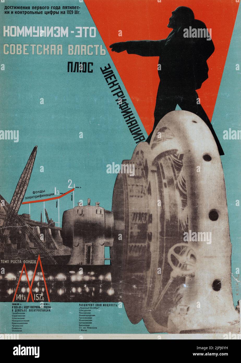Gustavs Klucis - Vintage Russisches Poster 1920-1930s. Das heroische Bild Lenins mit der Brokage der Bilder der Schwerindustrie. 1929. Stockfoto