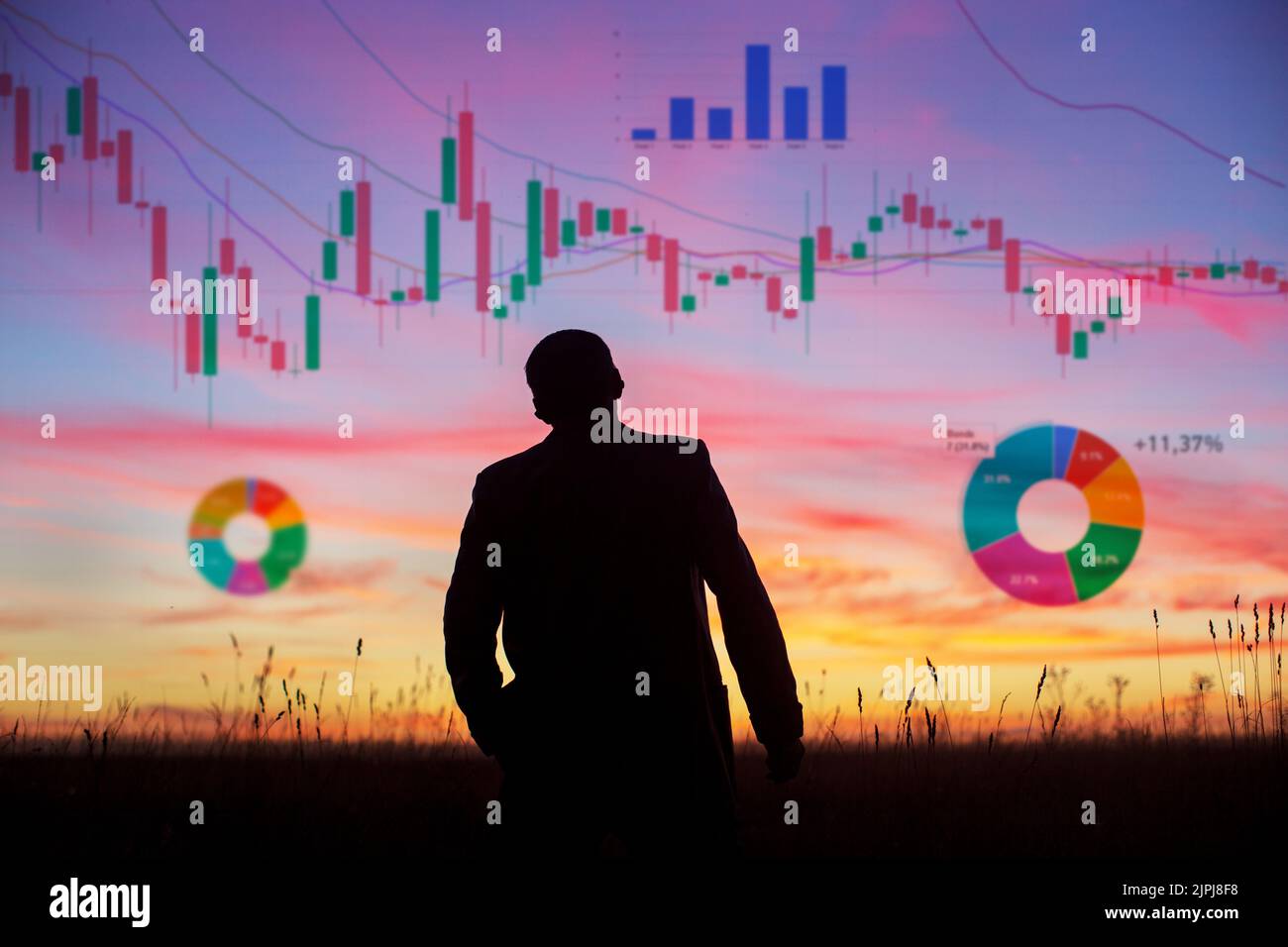 Silhouette eines Mannes, der bei Sonnenuntergang die Aktiencharts beobachtet. Professioneller Investor, Händler. Technologien des Börsenhandels. Einfache Fintech-Investition Stockfoto