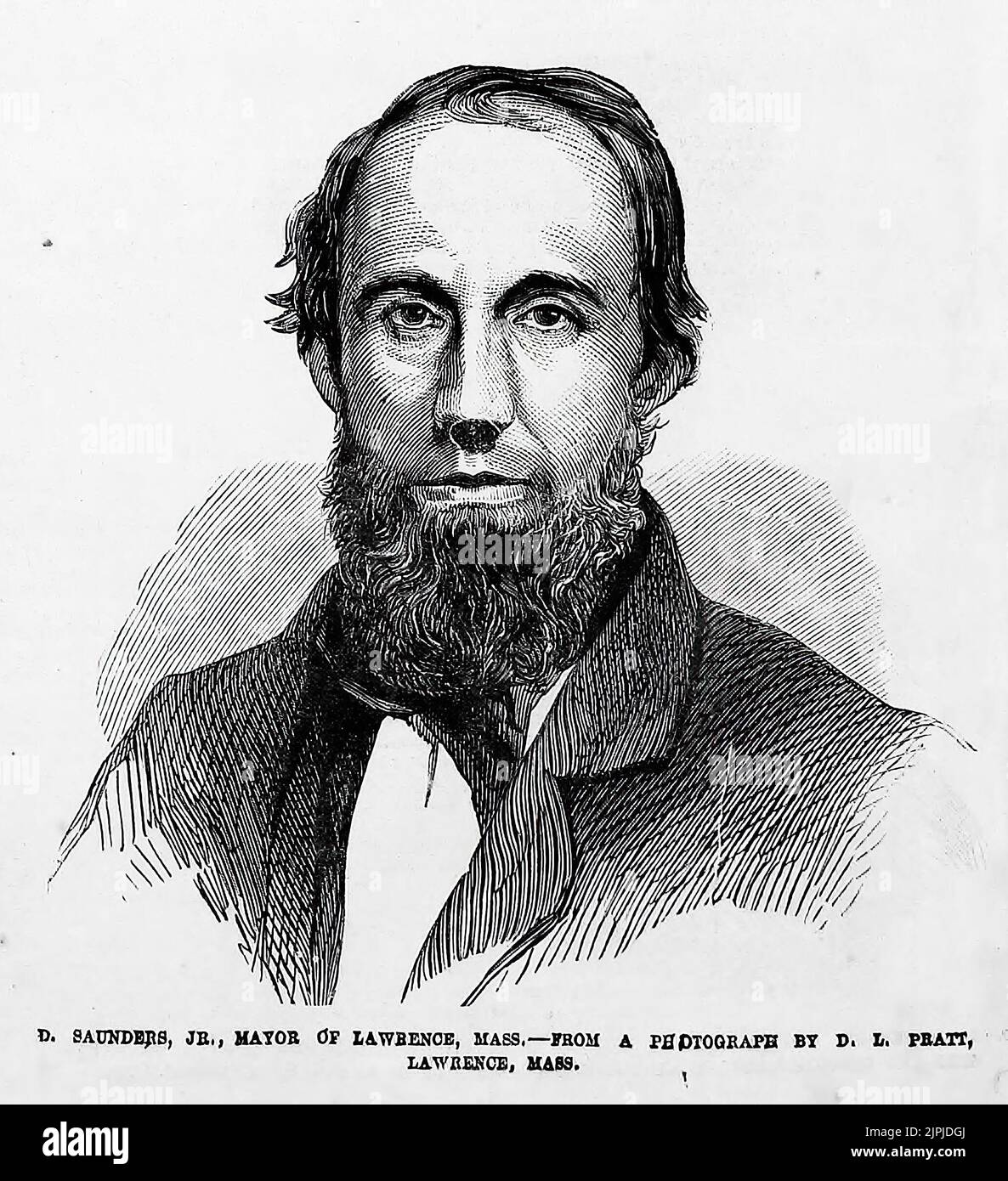 Porträt von Daniel Saunders, Jr., Bürgermeister von Lawrence, Massachusetts. Pemberton Mill Factory collapse, 10.. Januar 1860. 19.. Jahrhundert Illustration aus Frank Leslie's Illustrated Newspaper Stockfoto