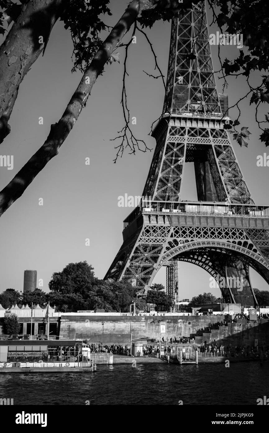 Eiffelturm in Paris, schwarz-weiß, mit Baum und Fluss seine Stockfoto