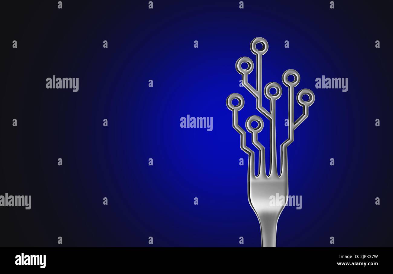 Food-Tech-Konzept und Restaurant-Technologie Symbol als Online-Essen und Internet-Mahlzeit-Programm als ein Abendessen Gabel geformt wie ein Computer-Schaltung. Stockfoto