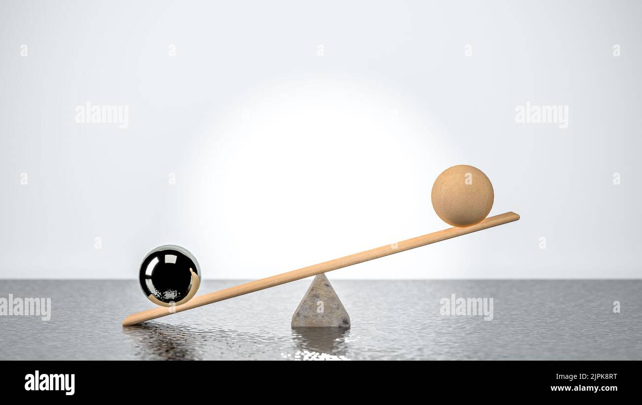 Holzdiele in einer unausgeglichenen Position und zur Eisenkugel und der anderen Seite der Holzkugel geneigt, 3D Illustration des Konzepts des Balans Stockfoto