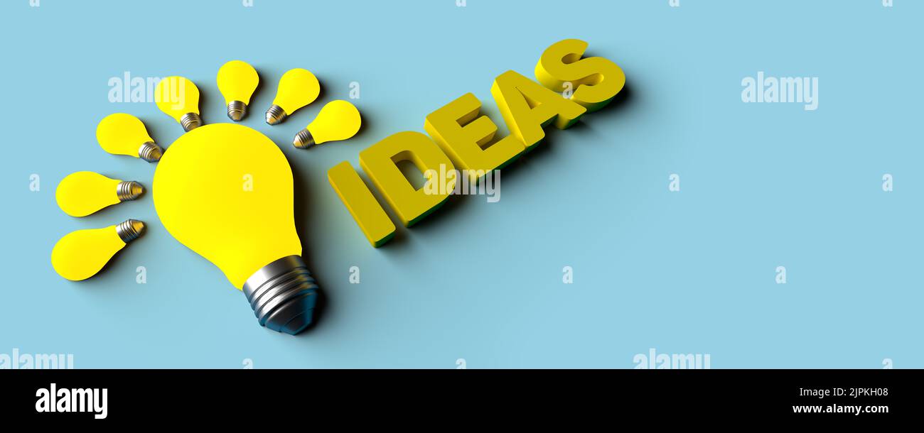 Ideen- und Kreativitätskonzept: Realistische Glühbirne-Ikone für kreatives analytisches Denken. Teamarbeit bei Brainstorming. Symboldarstellung „Ideen“. Stockfoto