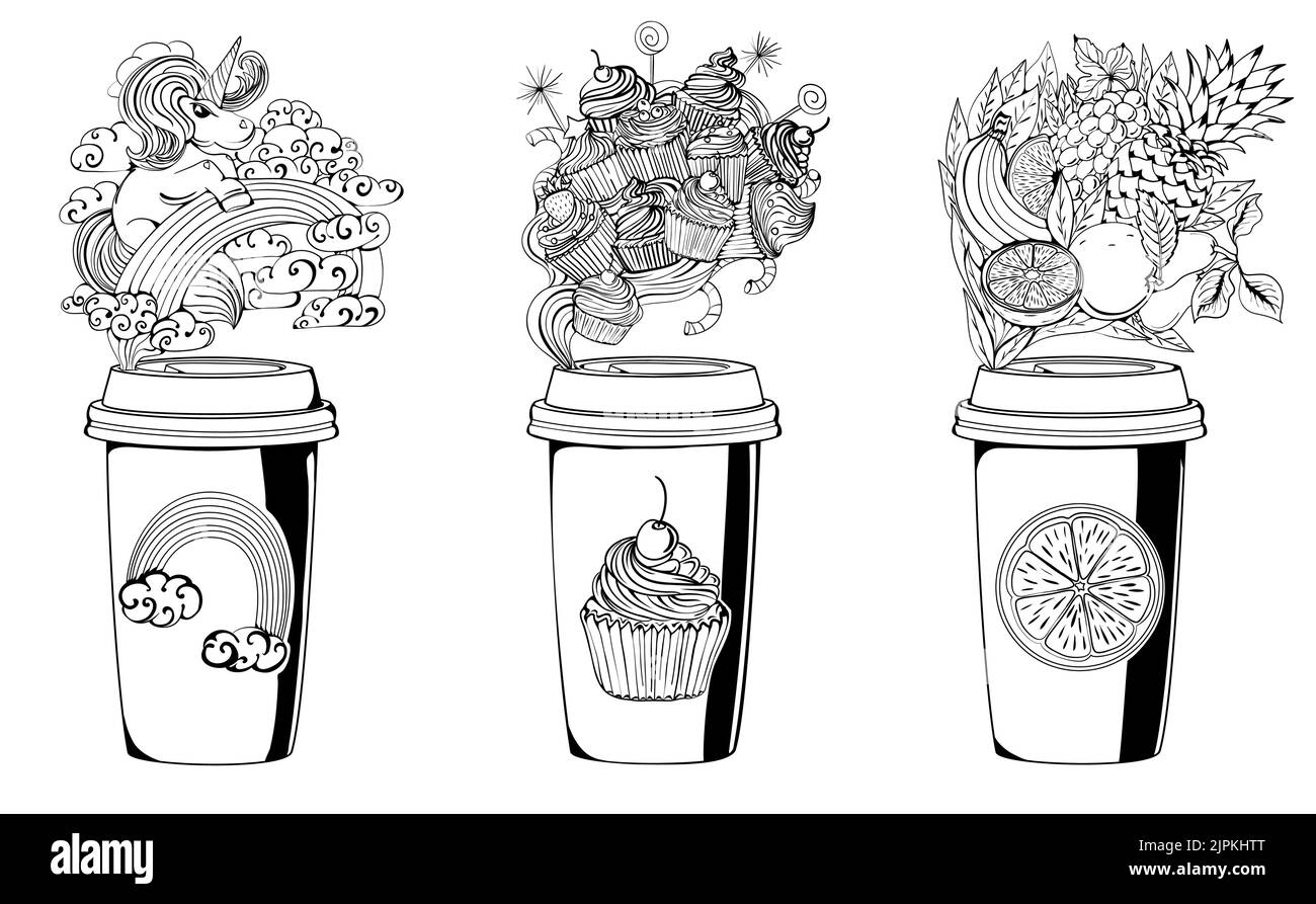 Einhorn-Kaffee. Rainbow Flavored Coffee. Kuchen, Kaffee. Süßer Kaffee. Fruchtiger Kaffee. Stellen Sie Illustrationen einer Kaffeetasse mit süßen Komponenten ein. Stock Vektor