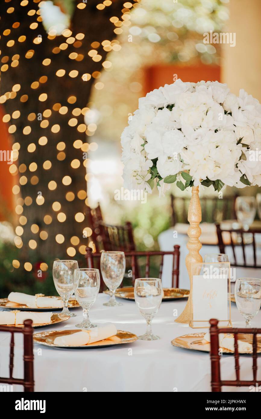 Wunderschöne Außenrezeptionsstätte - weiße Tischdecken, goldene Teller, weiße Rosen in den Mittelpunkt Stockfoto