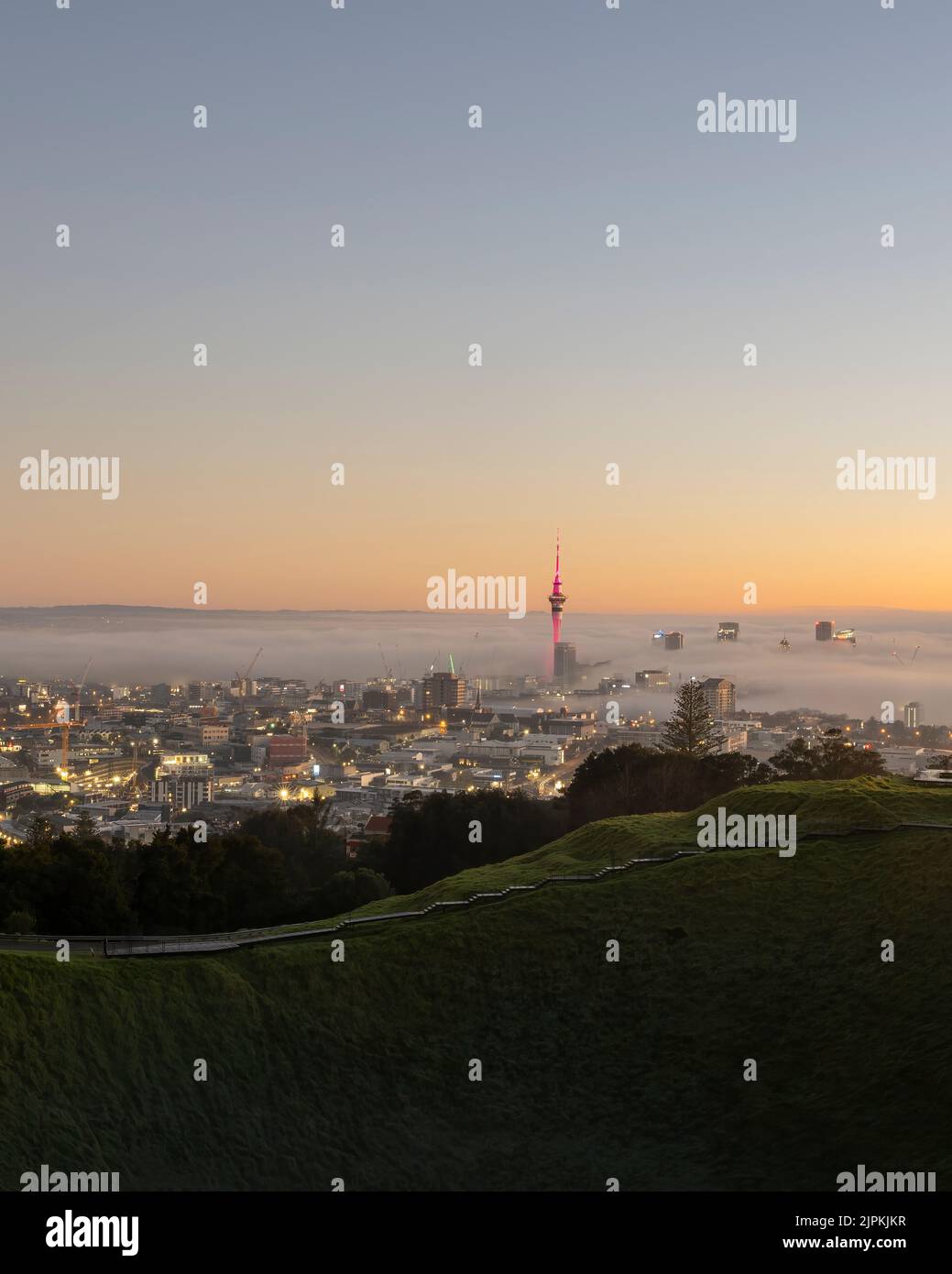 Sky Tower in Pink und Auckland City im Nebelmeer, vom Mount Eden Summit. Vertikales Format. Stockfoto